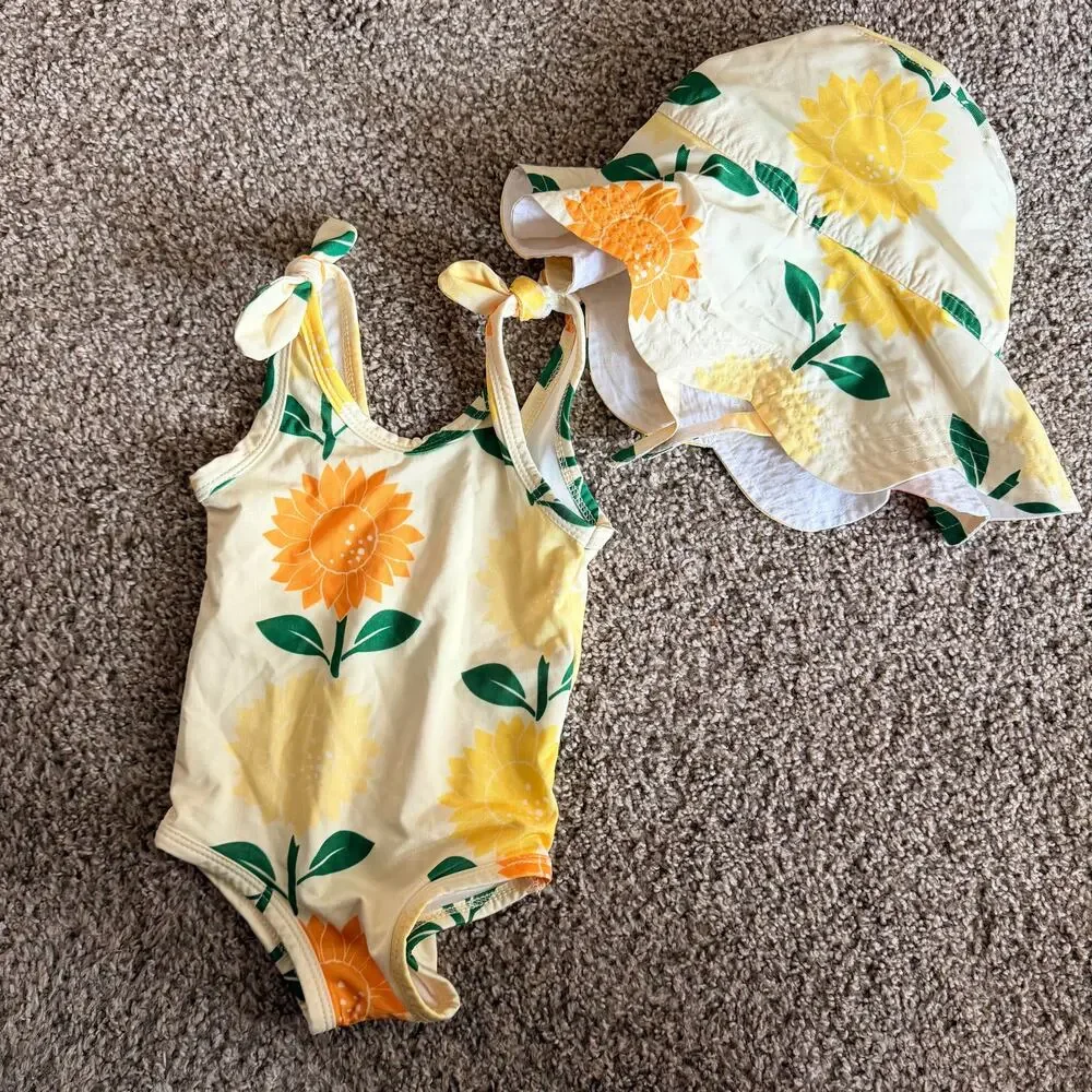 Monica + Andy Baby Girl Sunflower Swimsuit and Sun Hat Set 9-12 Months